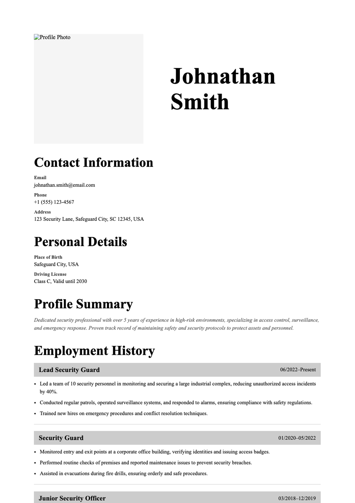 Professional security guard resume with profile employment history skills and languages_variant_1